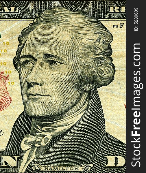 Portrait of president Hamilton a 10-dollar banknotes of United States of America