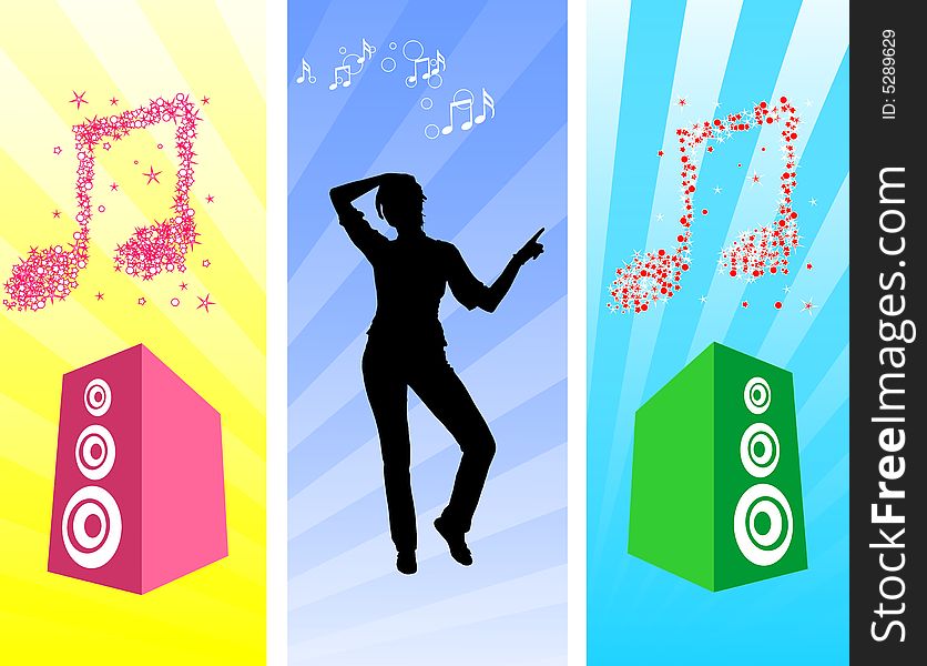 A black female silhouette dancing with speaker on a backround. A black female silhouette dancing with speaker on a backround