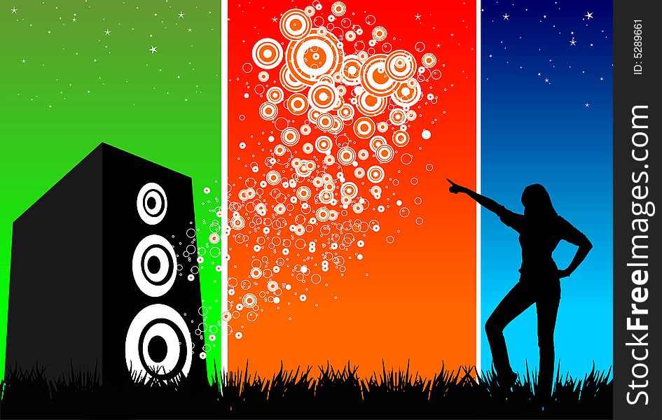 A female silhouette dancing in the night with sound coming out of speaker. A female silhouette dancing in the night with sound coming out of speaker