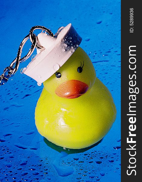 A colourful image of a rubber duck with a bath plug on his head that makes him look like a sailor ducky. the background is blue and is covered with little droplets