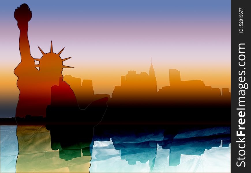 New York illustration with colorful Manhattan skyline reflected in Hudson river at sunset and the Statue of Liberty. New York illustration with colorful Manhattan skyline reflected in Hudson river at sunset and the Statue of Liberty