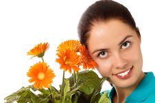 Young Smiling Woman With Gerber Flowers Royalty Free Stock Photography Young Smiling Woman With Gerber Flowers Royalty Free Stock Photography
