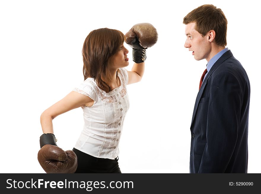 The young japanese businesswoman Attacks businessman. Isolated on white background
