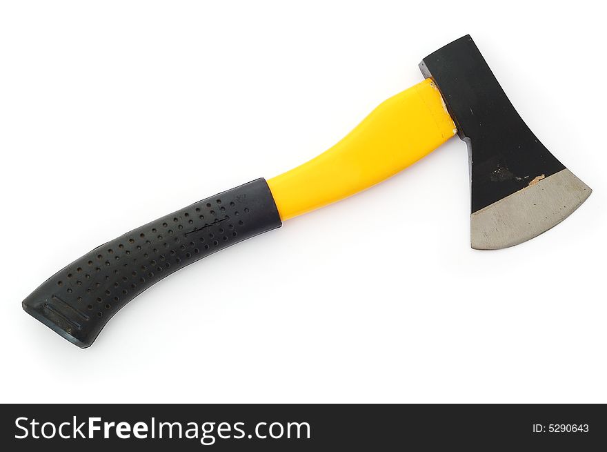 Steel axe with rubber hand on the white background. Steel axe with rubber hand on the white background.