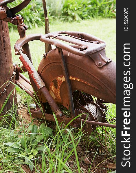 Back part of old rusted bicycle chained to pole