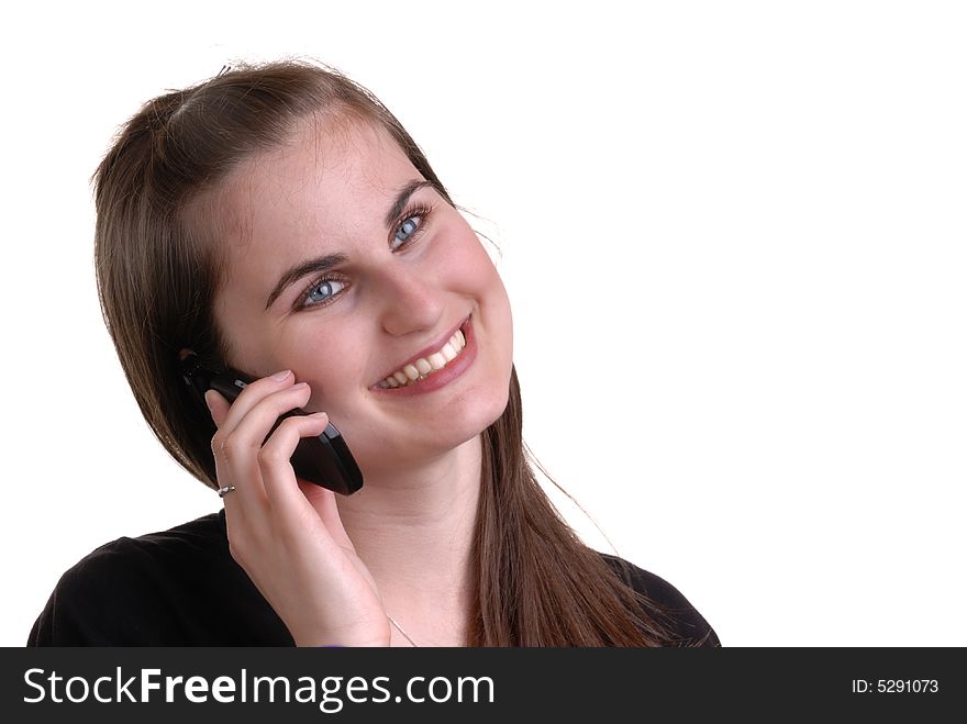 Portrait of cute girl talking on telephone, isolated on white. Portrait of cute girl talking on telephone, isolated on white