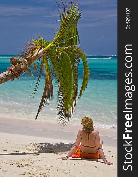 Girl and palm tree on the Bavaro Beach, Dominican republic