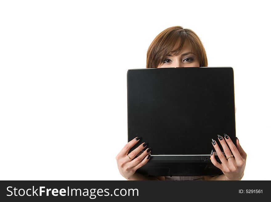 Businesswoman with laptop. Isolated over white