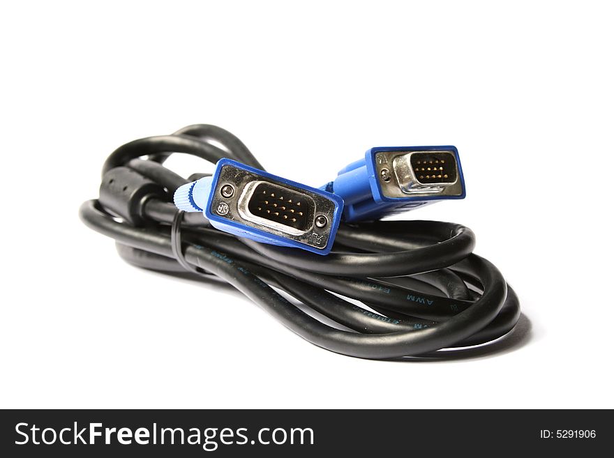A black VGA cable with two blue connectors