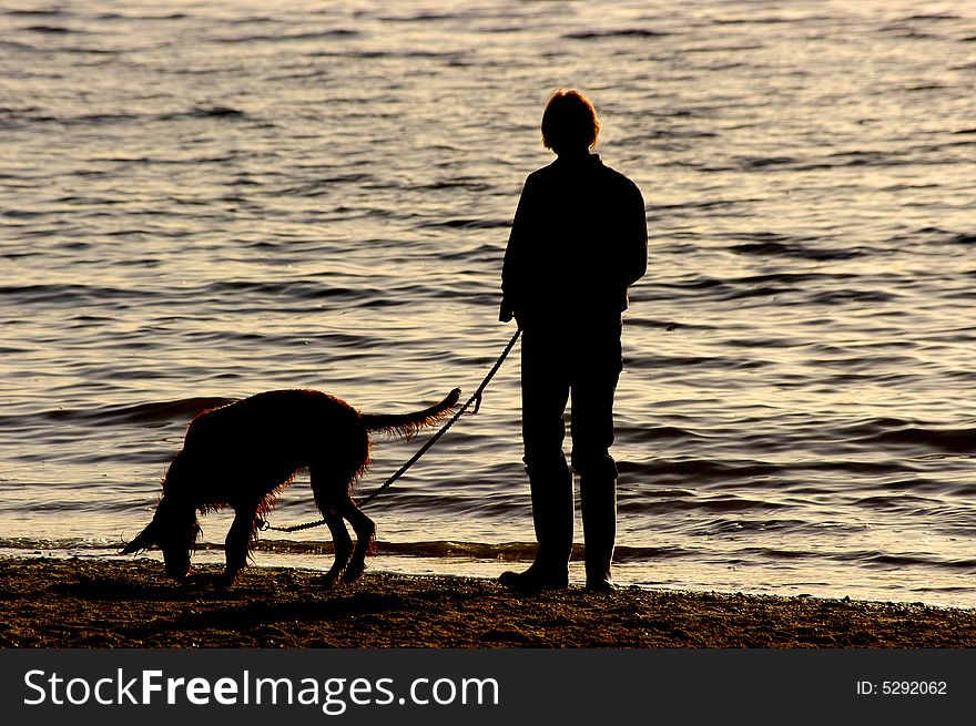 A dog and his owner enjoying the beach. A dog and his owner enjoying the beach