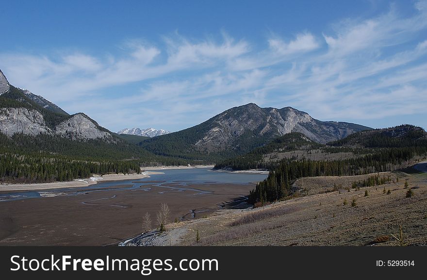 View of spring rocky mountains and lake in kananaskis country, alberta, canada. View of spring rocky mountains and lake in kananaskis country, alberta, canada