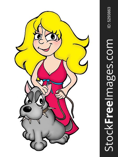 Color illustration of girl in red dress with dog. Color illustration of girl in red dress with dog.