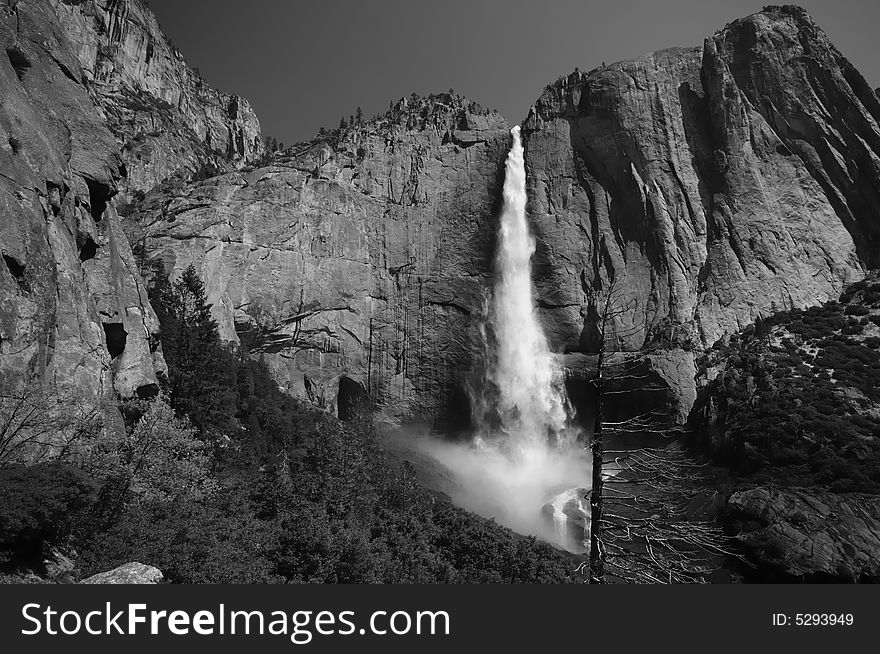Upper Yosemite Fall in Spring in black and white. Upper Yosemite Fall in Spring in black and white