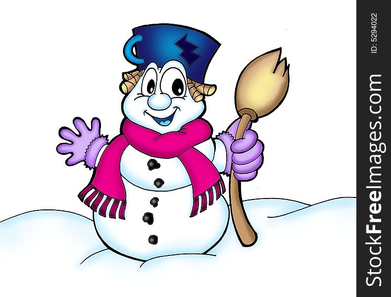 Color illustration of snowman with broom in his left hand.