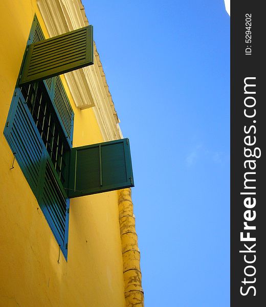 Macao church window and blue sky