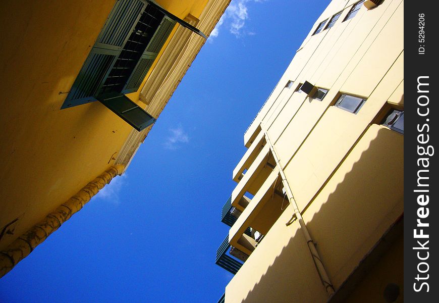 Macao church window and blue sky
