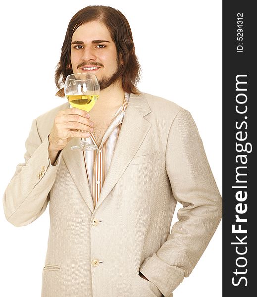 Isolated man relaxing, holding wine and getting ready to drink it. Isolated man relaxing, holding wine and getting ready to drink it