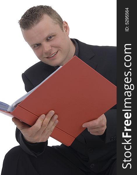 Man with file against a white background. Man with file against a white background