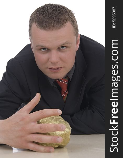 Men with a gold nugget against a white background