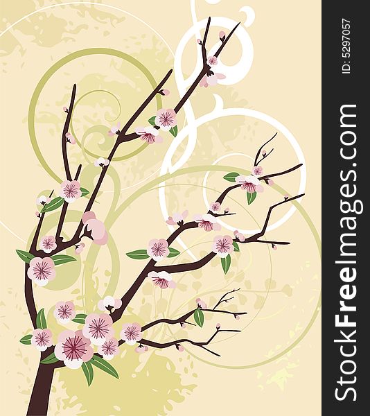 Floral background with a spring branch and grunge details, vector illustration series. Floral background with a spring branch and grunge details, vector illustration series.