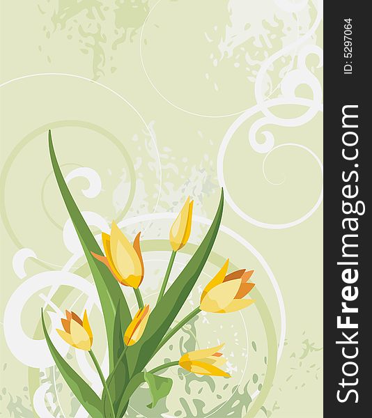 Floral background with tulips and grunge details, vector illustration series. Floral background with tulips and grunge details, vector illustration series.