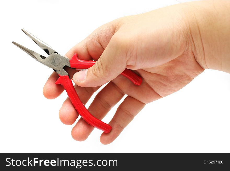 Man's hand taking a flat-nose plier over white background. Man's hand taking a flat-nose plier over white background.