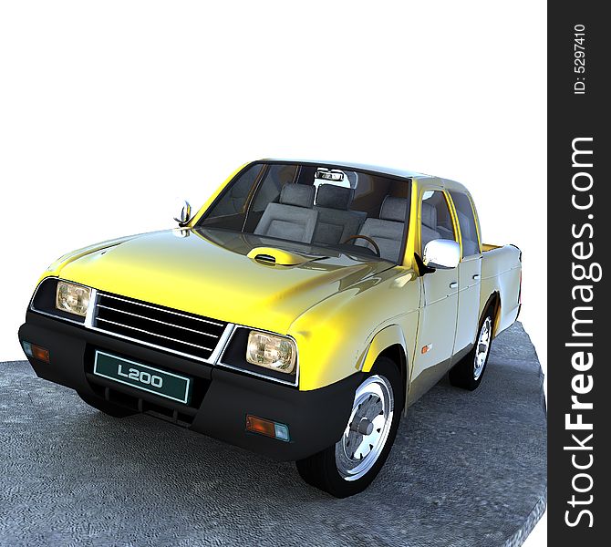 Is a compact pickup truck, rendered in 3D. Is a compact pickup truck, rendered in 3D.