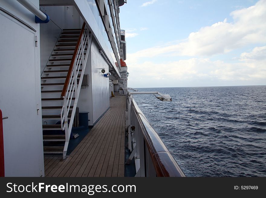 Looking forward at the deck of a ship