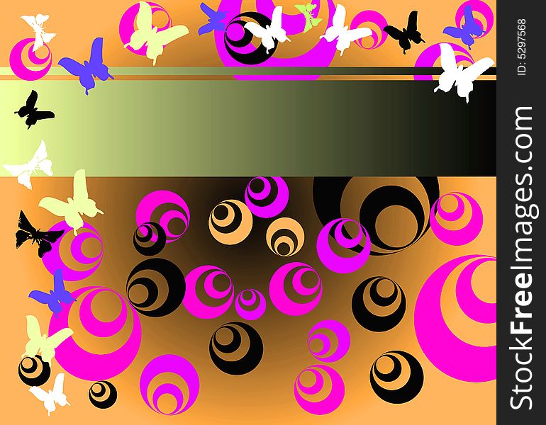 Abstract background with circles and colored butterflies. Abstract background with circles and colored butterflies