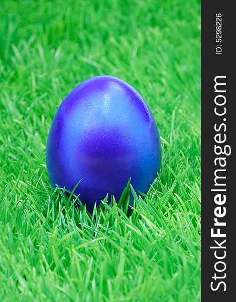 Blue Easter egg on green grass background. Blue Easter egg on green grass background