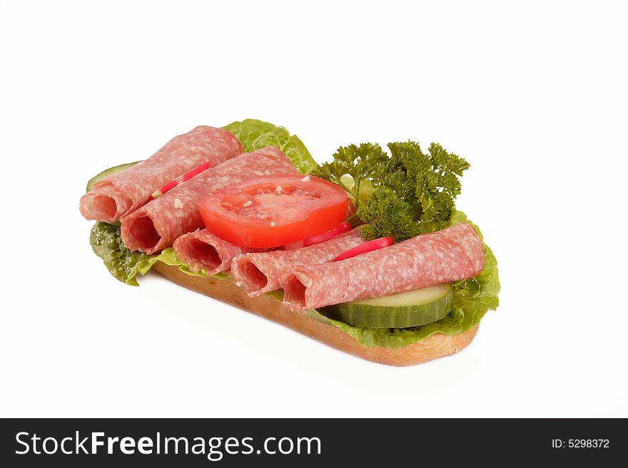 Salami sandwich isolated on bright background