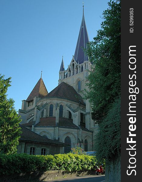 The Notre-Dame protestant cathedral of Lausanne in Switzerland is a gothic construction from the 13th century. It is here shown from the back.