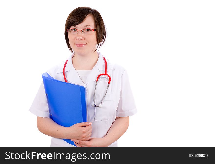 Young female doctor holds blue folder with files