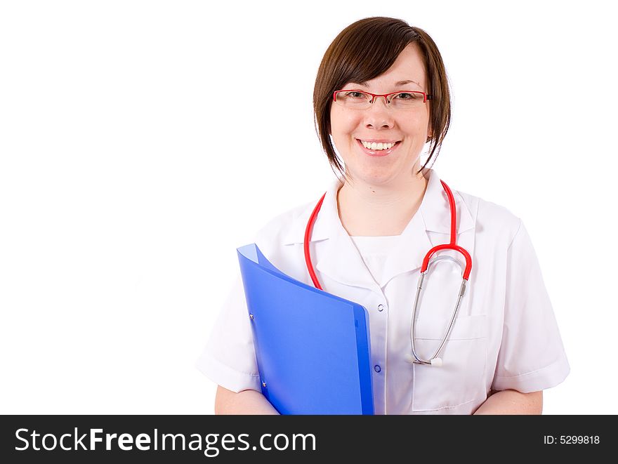 Young female doc holds blue folder with records. Young female doc holds blue folder with records