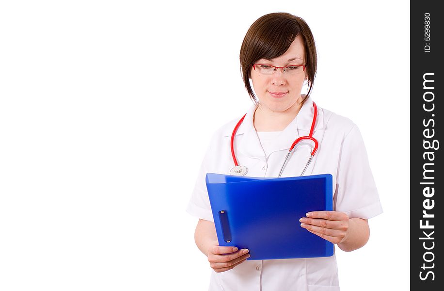 Young female doc checking patient file, blue folder, isolated on white. Young female doc checking patient file, blue folder, isolated on white