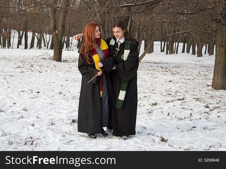 Winter morning: students  in the park. Winter morning: students  in the park