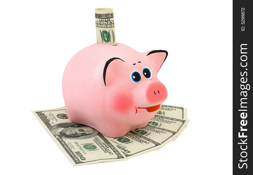 Piggy bank and money, isolated on white background