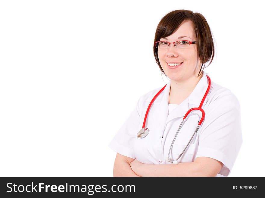 Doc, isolated on white, red specs and red stethoscope. Doc, isolated on white, red specs and red stethoscope