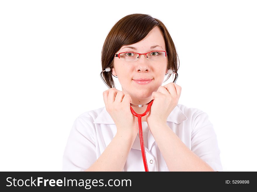 Doctor, female, isoalted, red stethoscope