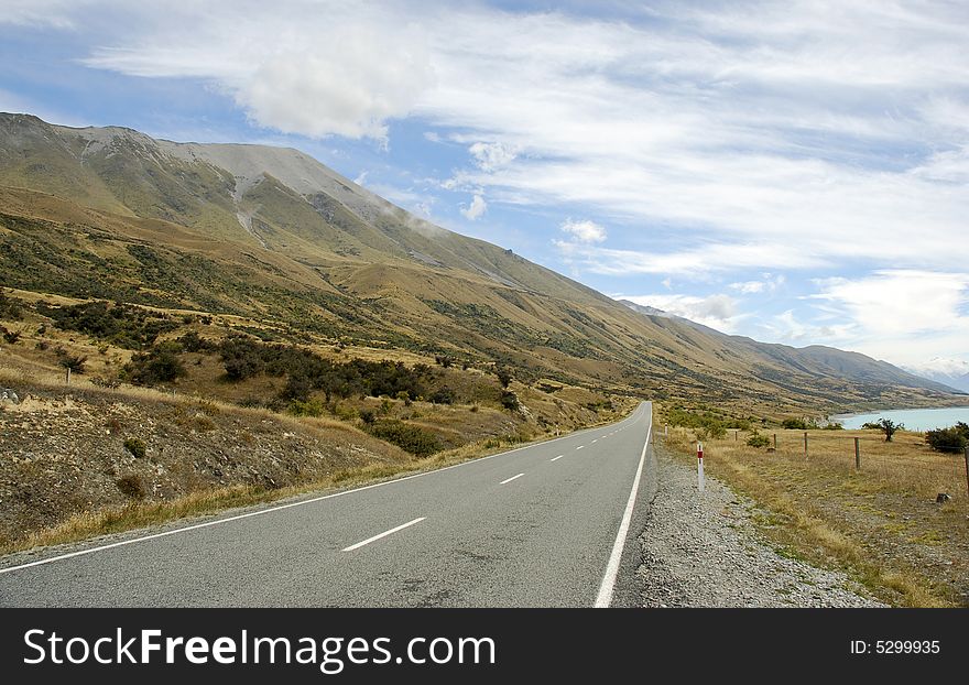 Scenic Remote Road between Queenstown and Mount Cook, McKenzie Country, New Zealand. Scenic Remote Road between Queenstown and Mount Cook, McKenzie Country, New Zealand