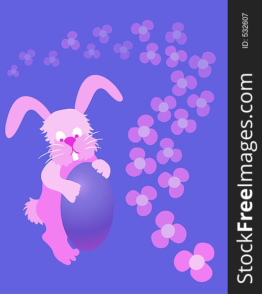 An adorable Easter bunny with an Easter egg, purple and pink floral background.