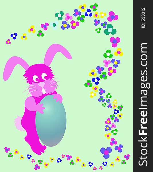 Bunny, egg and multi colored flowers over a light green backgrond.