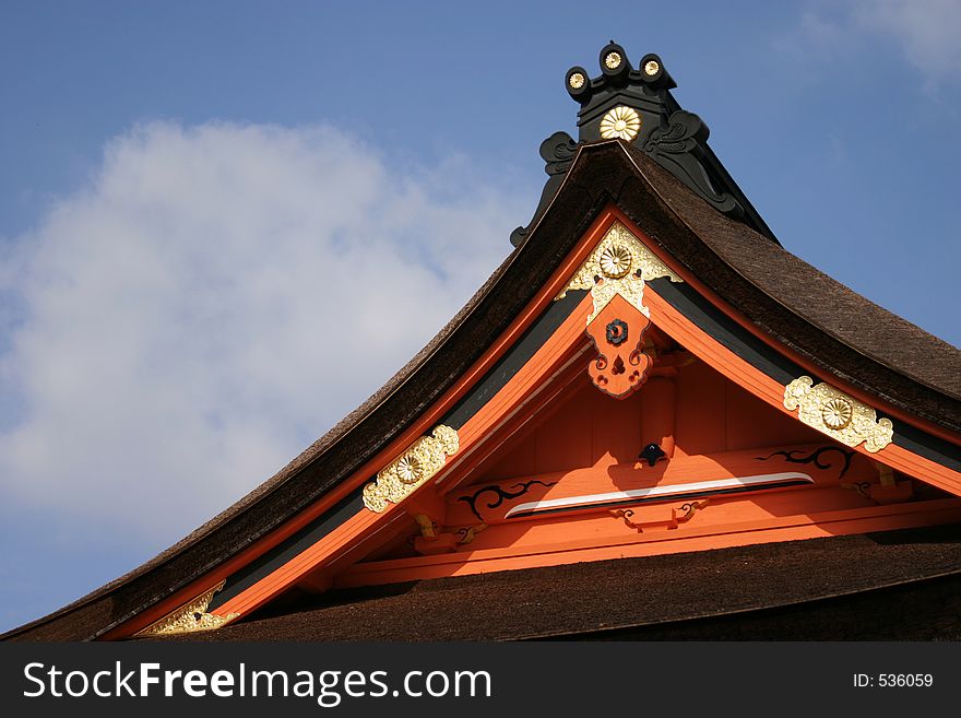 Details of one of the brightly colored roofs at the Sengen Shrine in Fujinomiya. Details of one of the brightly colored roofs at the Sengen Shrine in Fujinomiya