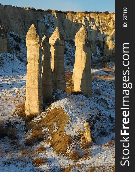 Mushroom like rock formations in Cappadocia, Turkey. Mushroom like rock formations in Cappadocia, Turkey