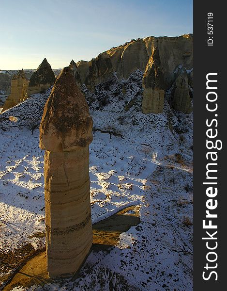 Mushroom like rock formations in Cappadocia, Turkey. Mushroom like rock formations in Cappadocia, Turkey