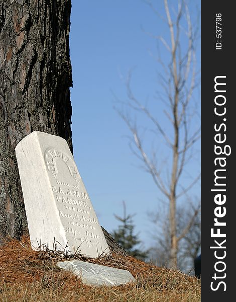 Gravestone by tree with blue sky. Gravestone by tree with blue sky