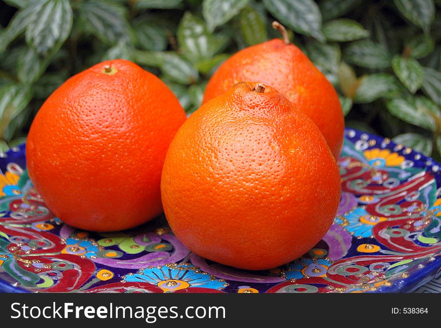 Three oranges in a decorative plate