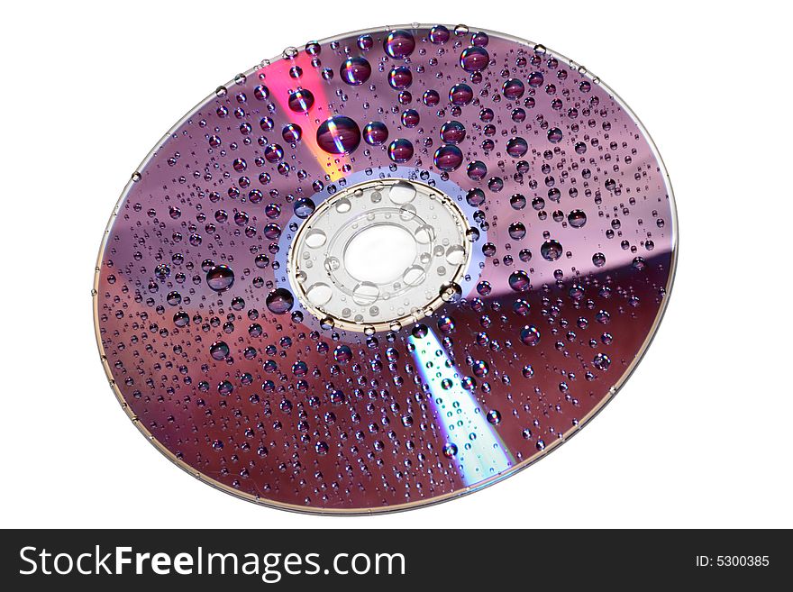 Media disc with water drops isolated on white background