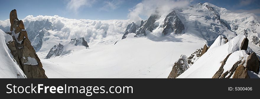 Stitched Panorama of Mont Blanc (to the right), end of winter season.