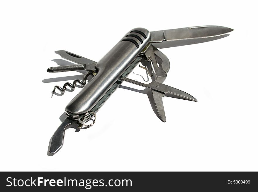 An isolated  image of  multiuse metal pocket knife
